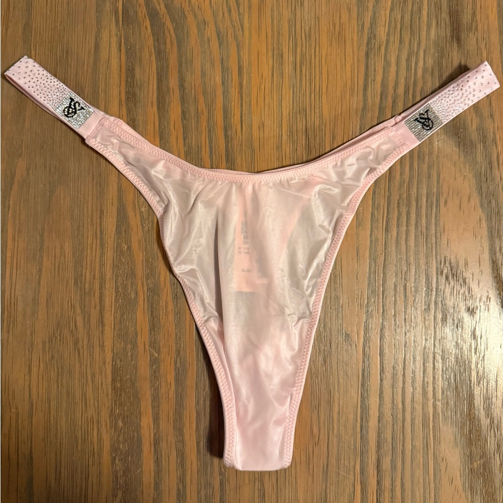 NWT Victoria's Secret Very Sexy Pink Satin Bling Rhinestone Shine Strap Thong XL